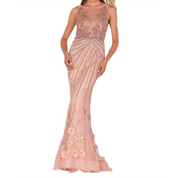 NEW TERANI COUTURE sleeveless floral lace gown in champ/blush - Picture 1 of 3